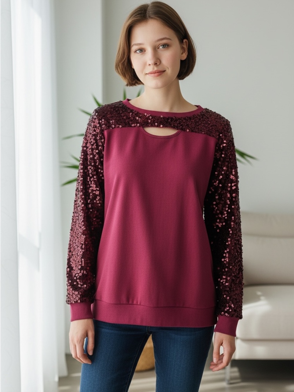 BloomChic Wine Sequin-Sleeve Keyhole Sweatshirt Medium #486